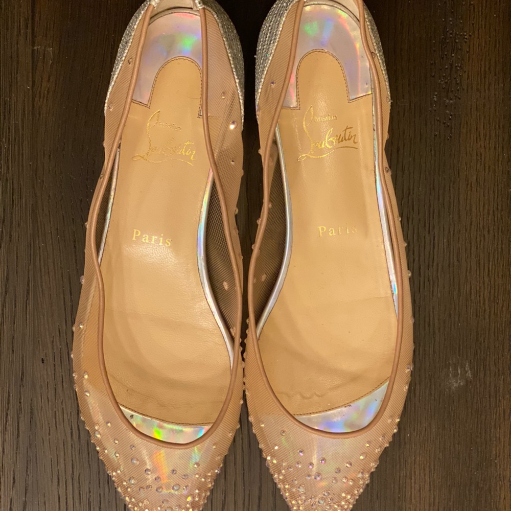 Christian Louboutin Beige Iridescent Follies Strass Ballet Flats Size 40 1/2